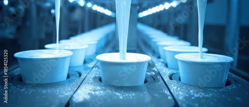 Dairy product production process filling containers with flowing liquid