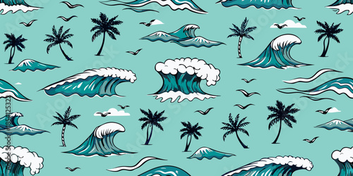 Tropical wave pattern with palm trees mountains and soaring birds