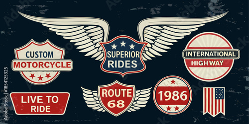 Vintage motorcycle emblem design with wings banners and classic road signs