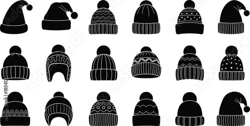Winter beanie hat silhouette set, knitted wool cap collection, cold weather fashion accessories, black vector illustration, isolated seasonal clothing design icons