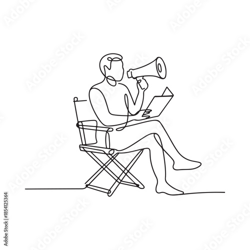 A minimalist line drawing of a man with a megaphone and laptop