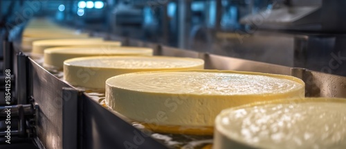 Dairy production line with wheels of cheese moving along a conveyor belt
