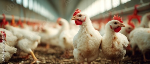 Close up of chickens in a farm environment with soft light and copy space
