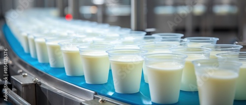 Dairy product cups on production line food industry processing