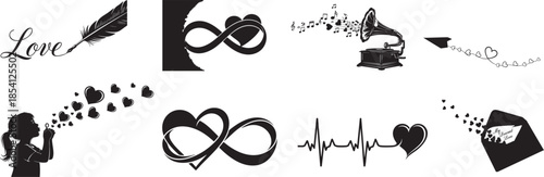 Romantic Icons Set: Infinity Heart, Vintage Gramophone, and Love Letters