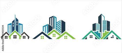Real Estate Skyline Logo – House Roofs & City Buildings Vector .