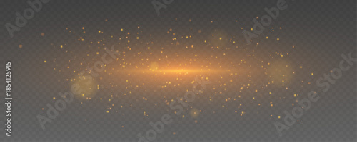 Glistering magic dust shines brightly. Floating light particles create a dreamy Christmas sparkle on a transparent background. Elegant glowing stardust drawn as vector PNG.