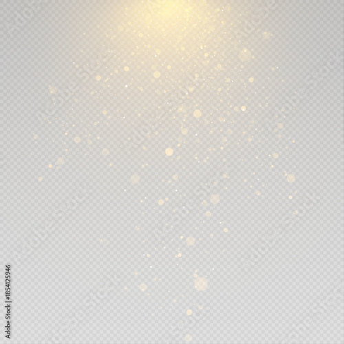 Soft shimmering dust fills the scene. Flying light particles create a warm festive Christmas atmosphere on a clear background. Magical stardust glow illustrated as vector PNG.