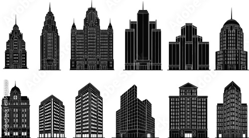 Architectural icons, building silhouette set, black outline structures, classical and modern styles, dome symbol, spire branding, facade concept, design mix