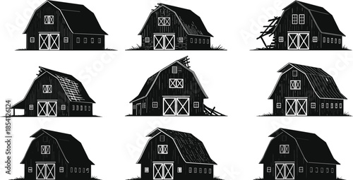 Barn icons, structural decay silhouette set, black outline buildings, roof damage symbol, wall collapse branding, rural concept, deterioration badge
