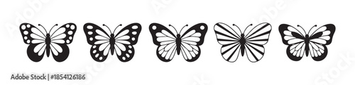 Set of five different butterfly shapes black and white icons isolated on white background