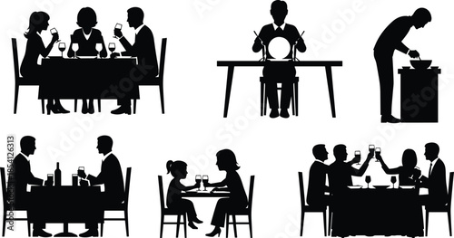 Black Silhouette Vector Set of People Dining and Toasting Featuring Romantic Couples Family Dinner and a Chef Preparing Food at Restaurant