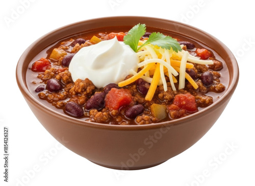 Delicious chili bowl with cheese and sour cream kitchen food isolated on transparent background