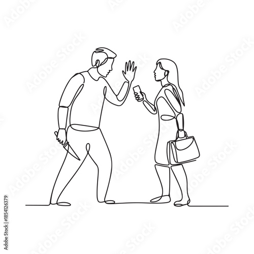 A continuous line drawing of a man attempting to steal a phone from a woman