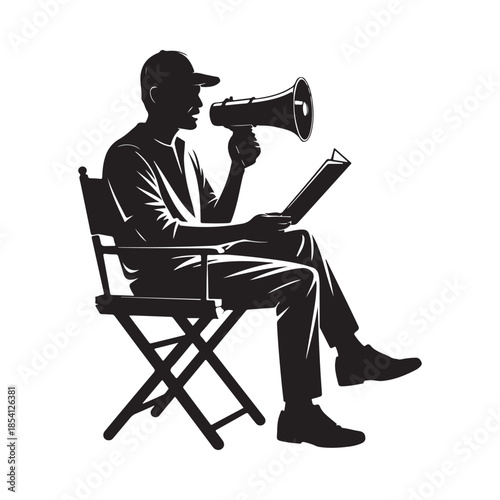 A film director giving instructions while seated in a director s chair