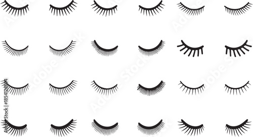 Large Set of Eyelash Extensions and Closed Eye Illustrations with Different Lash Lengths and Styles