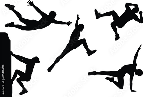 Black Silhouette Vector Set of People Performing Parkour and Freerunning Action Poses Including Jumping Climbing and Stunts Isolated on a White Background