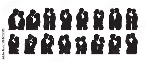 Couple kissing moment black vector set. relationship clipart, intimate gesture,  love pose collection for wedding icon, vector illustration eps 10