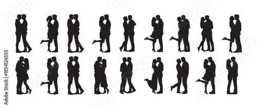 Romantic couple icon set, kissing man and woman vector, wedding lovers silhouette, romantic poses, love embrace, kissing moment. vector illustration eps 10