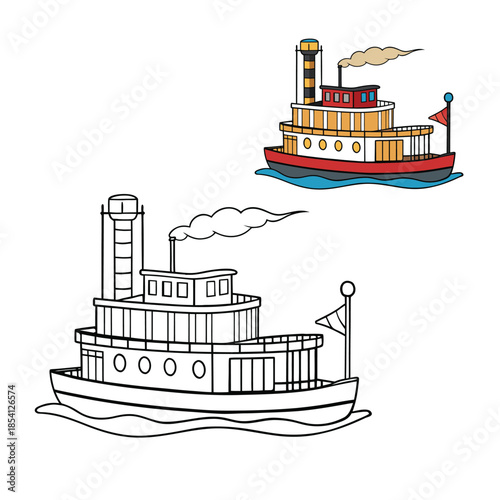 Classic river steamboat with tall smokestacks glides on calm water, paddle wheel turning, creating a charming vintage scene for a relaxing coloring page.
