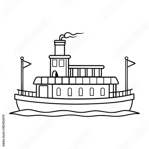 Classic river steamboat with tall smokestacks glides on calm water, paddle wheel turning, creating a charming vintage scene for a relaxing coloring page.
