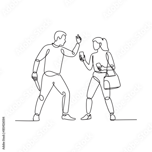 A continuous line drawing of a man and woman interacting with phones
