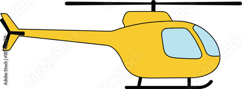 Yellow helicopter vector illustration for air transportation aviation and travel concepts featuring a modern chopper design with black rotors isolated on white background.