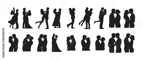 Romantic couple icon set, kissing man and woman vector, wedding lovers silhouette, romantic poses, love embrace, kissing moment. vector illustration eps 10