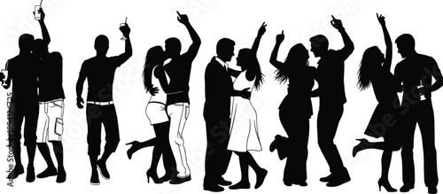 Black Silhouettes of Young Adult Couples and Friends Dancing, Kissing, and Celebrating Together at a Lively Party, Holding Drinks and Having Fun