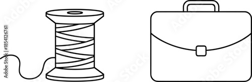 Black and white vector illustration set featuring a classic wooden thread spool for sewing and a professional office briefcase or business portfolio icon.
