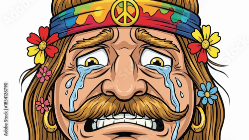 Sad Hippie Man with Tears and Flowers.