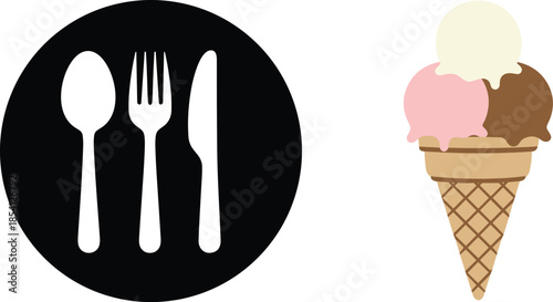 Food and dining vector set featuring a black circular cutlery icon with spoon fork and knife alongside a colorful triple scoop ice cream cone.