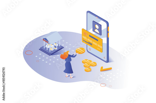 Banking services 3d isometric concept with isometry people design for web. Woman making financial transactions, managing her personal finances online, paying with credit card. Vector illustration.
