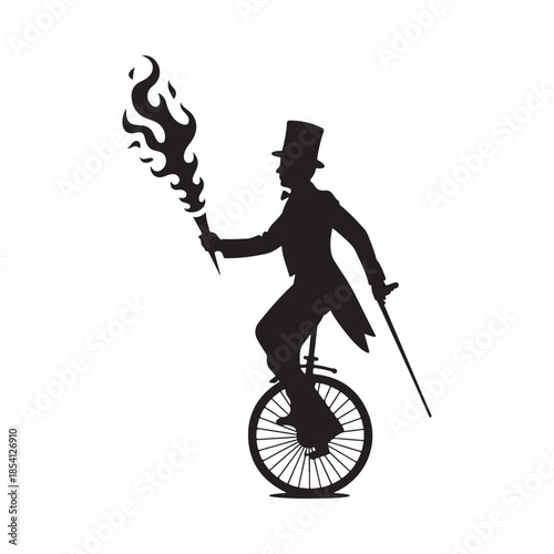 A silhouetted circus performer balances on a unicycle with a flaming torch