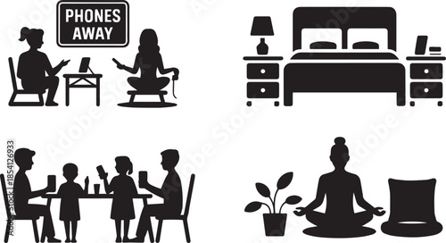 Tech Free Zones Silhouette Icons Vector Classroom Bedroom Family Time Mindful Spaces Digital Sanctuary