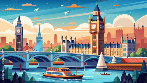 Very beautiful classic view of Big Ben with Westminster Bridge and a tour boat on the River Thames, capturing London’s iconic landmarks and lively riverside atmosphere.