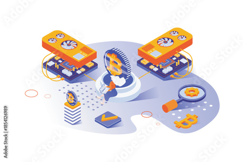 Cryptocurrency mining 3d isometric concept with isometry people design for web. Woman working on crypto business and mining digital money and crypto coins at hardware asset farm. Vector illustration.