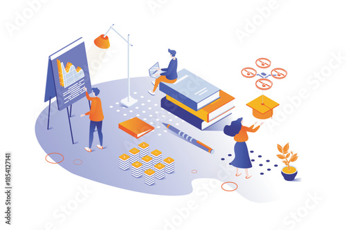 Education 3d isometric concept with isometry people design for web. Students learning in class, pupils studying and reading books, making presentation for lessons, graduating. Vector illustration.