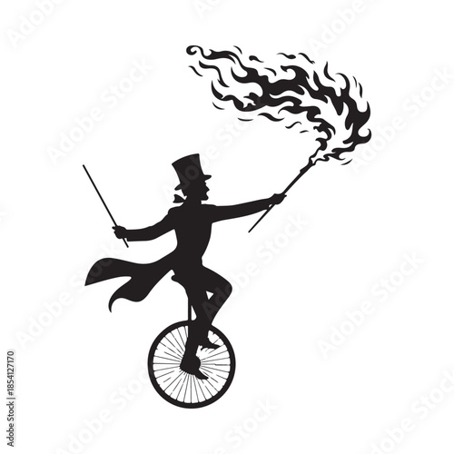 Silhouette of a performer balancing on a unicycle with flaming torches