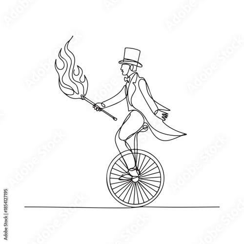 A vintage illustration of a unicyclist balancing with a flaming torch