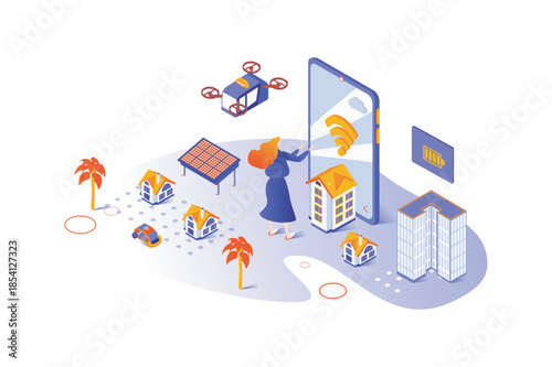 Smart city 3d isometric concept with isometry people design for web. Woman living in city with urban infrastructure and suburb, smart automation system and wireless connection. Vector illustration.