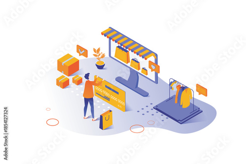 Shopping 3d isometric concept with isometry people design for web. Man buying fashion clothes in internet store, making online payment with credit card, ordering delivery service. Vector illustration.