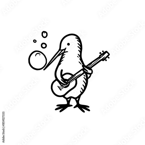 Kiwi Bird Playing Guitar and Blowing Bubbles Isolated on White