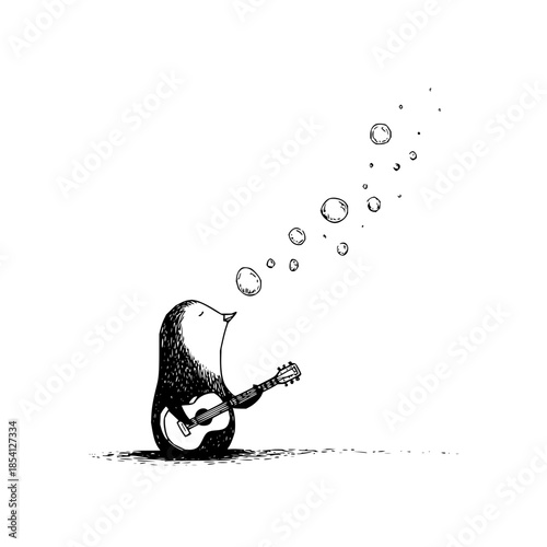 Penguin Playing Guitar with Bubbles Rising