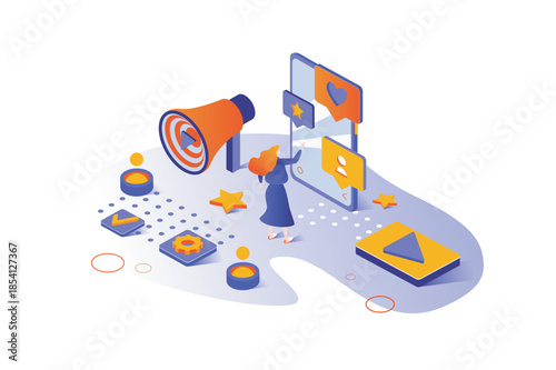 Social media marketing 3d isometric concept with isometry people design for web. Woman making advertising with SMM strategy, online business promotion and new clients attraction. Vector illustration.