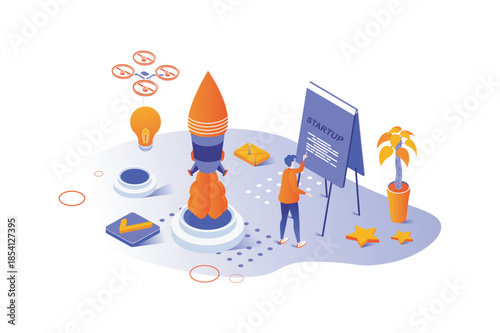 Startup 3d isometric concept with isometric people design for web. Businessman developing new business project, starting enterprise and launching company with marketing strategy. Vector illustration.