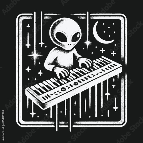 Monochrome Alien Musician Playing Keyboard In Outer Space.