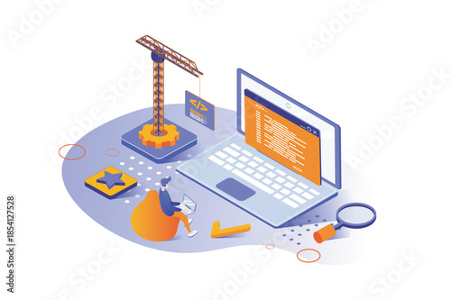 Web development 3d isometric concept with isometry people design. Man developing software for website, creating front end, coding and making site optimization, working at laptop. Vector illustration.