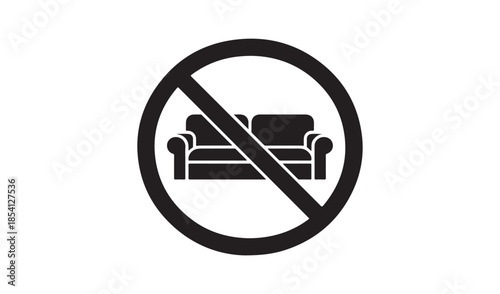 No sofa forbidden sign icon, black and white furniture prohibition symbol for interior rules.