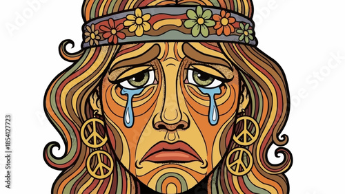 Sad Hippie Woman with Peace Signs.